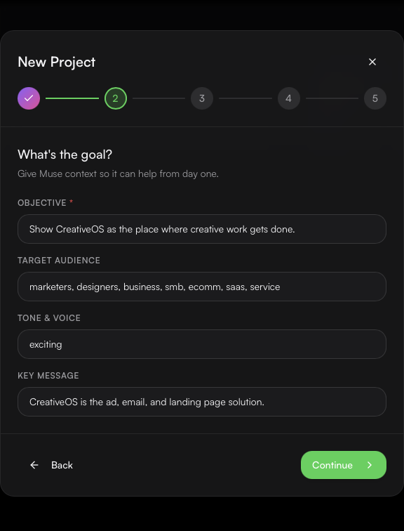 CreativeOS Projects: Set objective, audience, tone, and key message