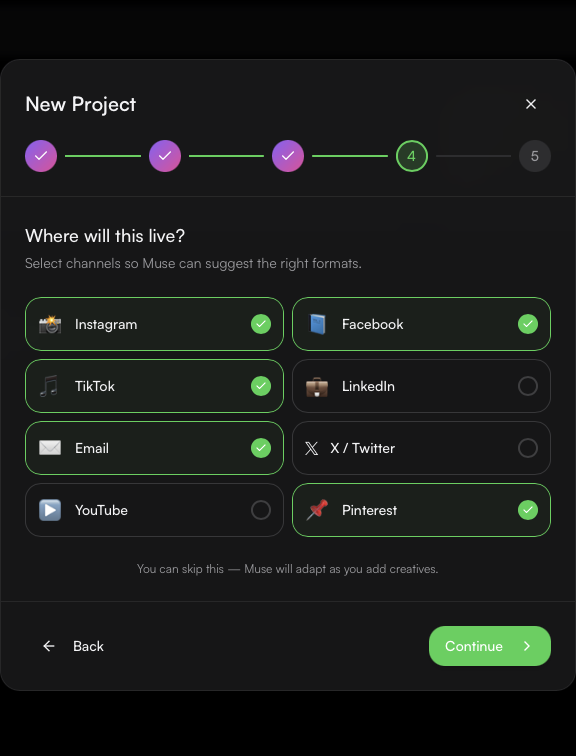 CreativeOS Projects: Select channels — Instagram, Facebook, TikTok, Email